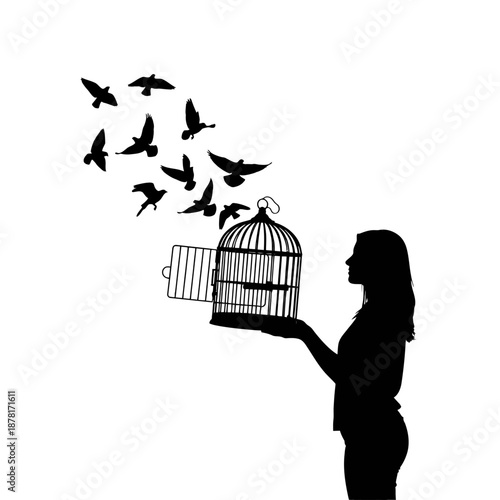 Woman releasing birds from a cage into freedom.