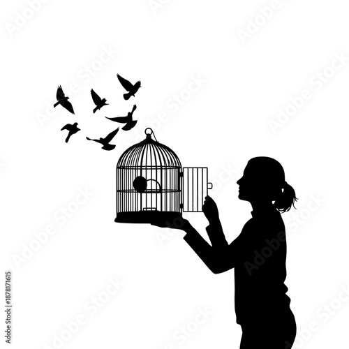 Woman releasing birds from a cage into freedom.