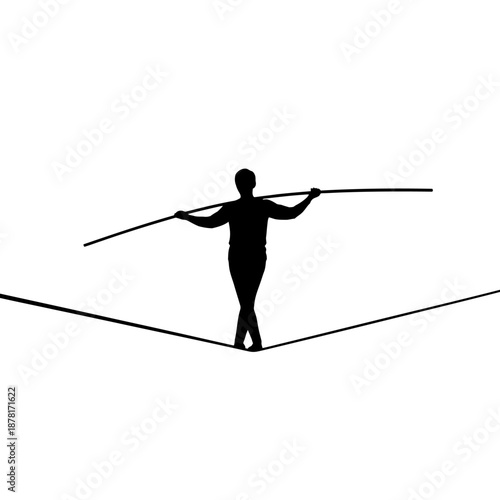 Man balancing on tightrope with balancing pole.