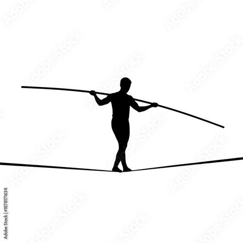 Silhouette of a person balancing on a tightrope with a long pole.