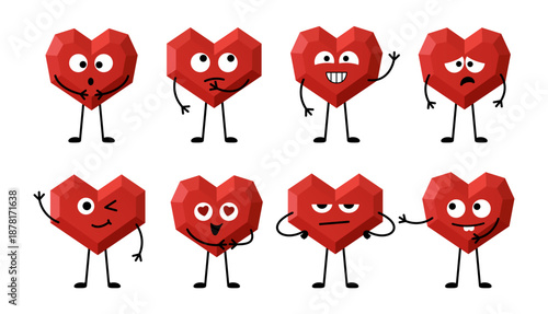 Heart сharacters set with emotions for Valentine's Day. Flat style crystal heart. Vector love and feelings illustration EPS10