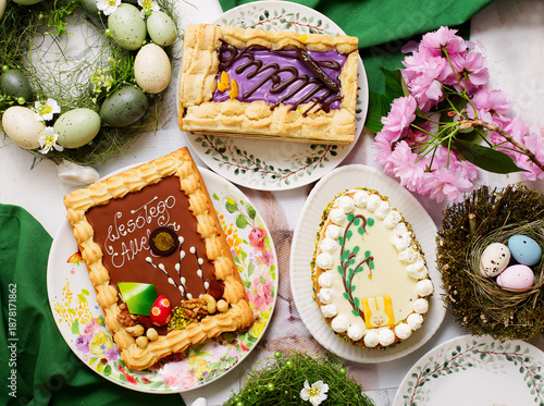 Traditional Polish Easter pastry Mazurek on an Easter background.top veiw
