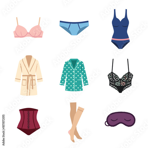 Assorted Lingerie, Swimwear, Sleepwear, and Outerwear Collection Illustration.