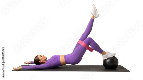 Woman in Athletic Wear Performs Glute Bridge with Resistance Band on Yoga Mat Against White Background — Focused Posture, Core Engagement, Fitness Training — Ideal for Home Workouts, Strength Building