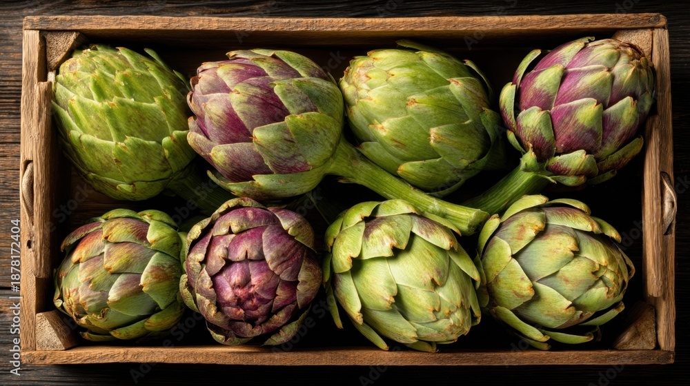 Fototapeta premium Fresh green and purple artichokes in a wooden box.