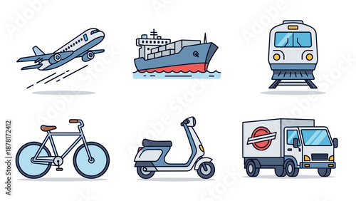 Transportation icons including airplane, ship, train, bicycle, scooter, delivery truck