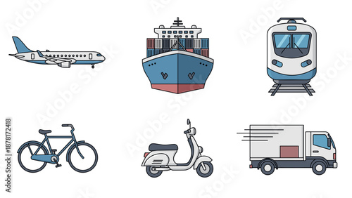 Transportation icons including airplane, ship, train, bicycle, scooter, and truck