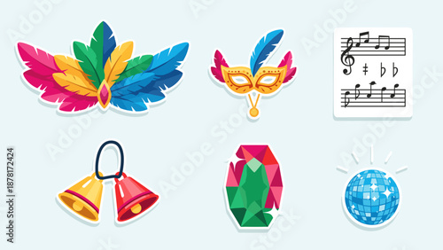 Colorful carnival party elements with feathers, masks, and music notes on light blue