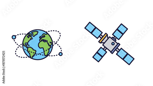 Satellite orbiting the earth in space with solar panels and antennae
