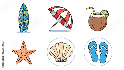 Summer vacation icons including surfboard umbrella coconut starfish shell flip flops