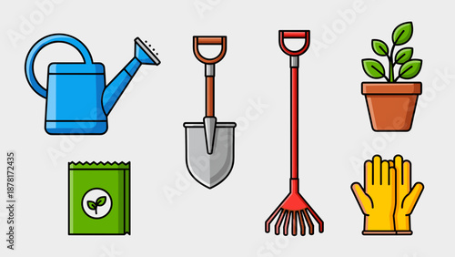 Collection of gardening tools and supplies on a light grey background