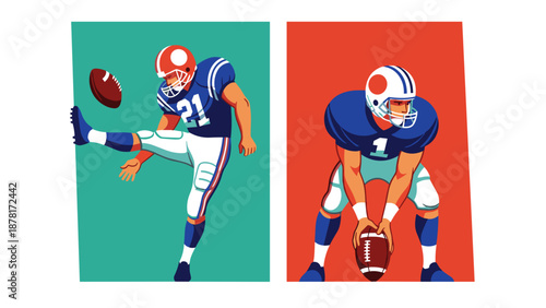 American football players in action poses with ball on colored backgrounds
