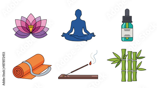 Yoga and wellness icons with lotus flower, incense stick, and essential oil