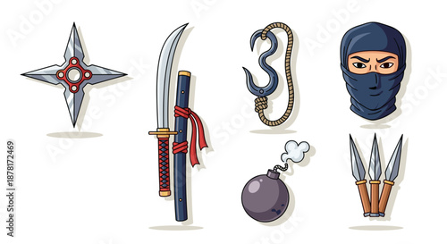 Cartoon ninja icons including weapons and headgear
