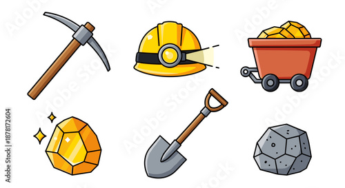 Mining icons including pickaxe, helmet, cart, gem, shovel, and rock