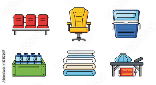 Office supplies and furniture icons including chair and refrigerator