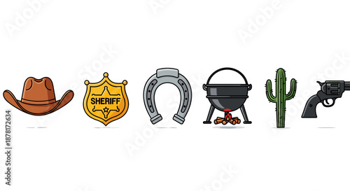 Set of western icons including cowboy hat and sheriff badge