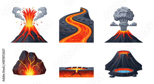 Collection of volcano icons with lava and eruption