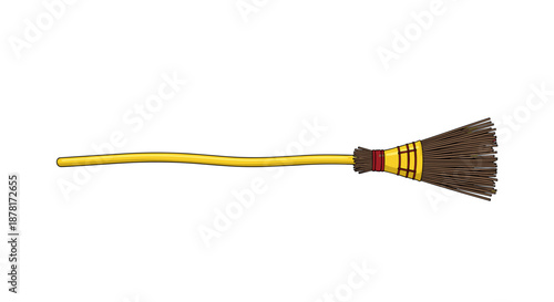 A colorful illustration of a broom with a yellow handle and brown bristles