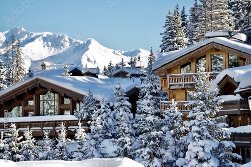 Wooden Chalet view under snow in ski resort Courchevel, French alps, France by winter