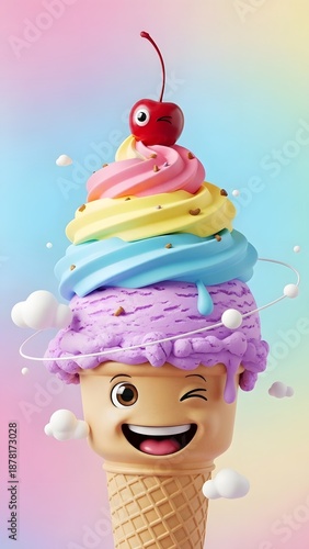 A colorful cartoon ice cream cone with a happy face and toppings