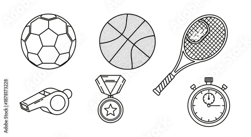 Sports icons including soccer ball, basketball, tennis racket, whistle, medal, and stopwatch
