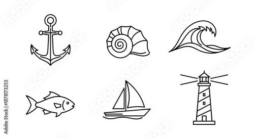 Nautical icons including anchor wave lighthouse sailboat fish and seashell