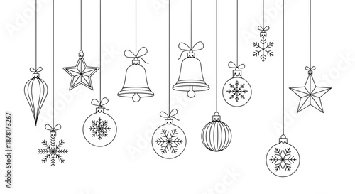 Black and white christmas ornaments and decorations hanging from strings
