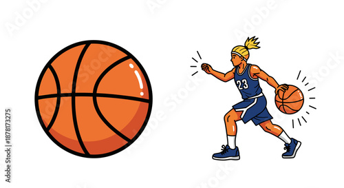 A cartoon basketball player dribbling a ball with motion lines