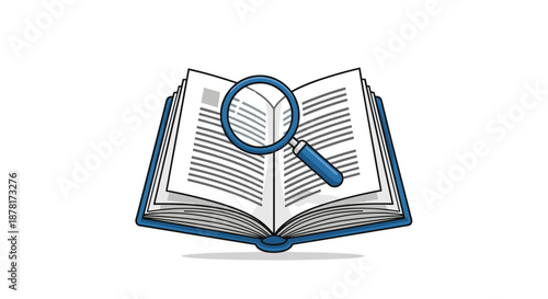A blue magnifying glass on an open book with white pages and blue lines