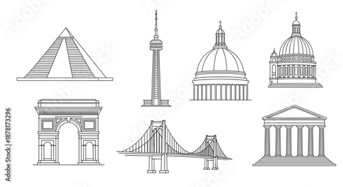 Black and white line drawings of famous landmarks and structures