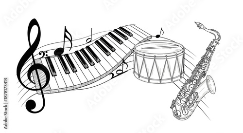 Musical instruments including piano, saxophone and drum with notes