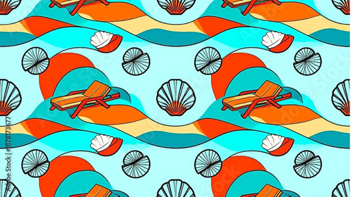 Seamless summer marine pattern with sun loungers and seashells