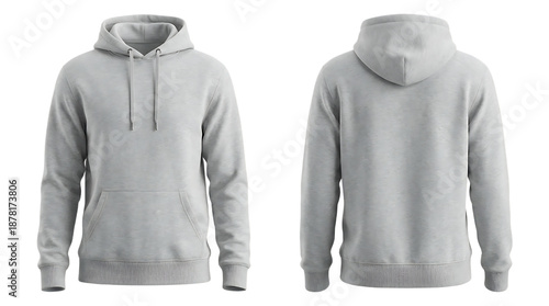 Versatile blank light grey hoodie mockup, presenting both front and back views for apparel design
