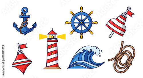 Nautical icons including anchor, lighthouse, wave, and rope