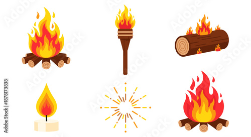 Collection of campfire and flame icons in various forms and uses