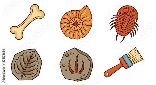 Collection of various fossilized items and a paintbrush