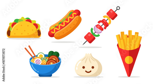 Assorted fast food icons including taco, hot dog, skewer, fries, bowl, and dumpling