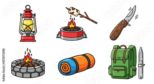 Camping icons including lantern knife fire pit and backpack