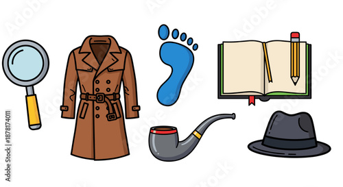 Cartoon detective items including magnifying glass and trench coat