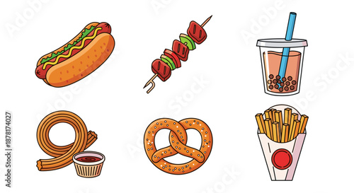 Colorful illustrations of various fast food items