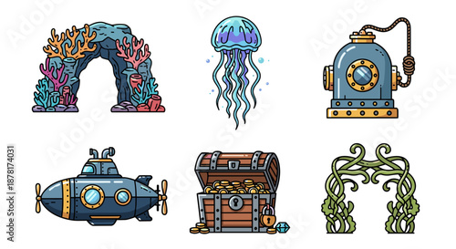 Colorful cartoon sea creatures and ocean treasures