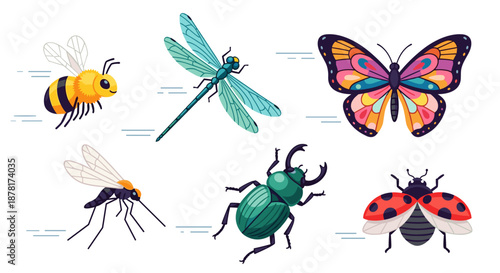 Colorful insects including butterfly, beetle, ladybug, bee, and dragonfly