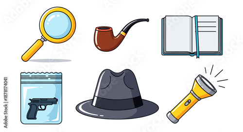 A collection of detective investigation tools and objects