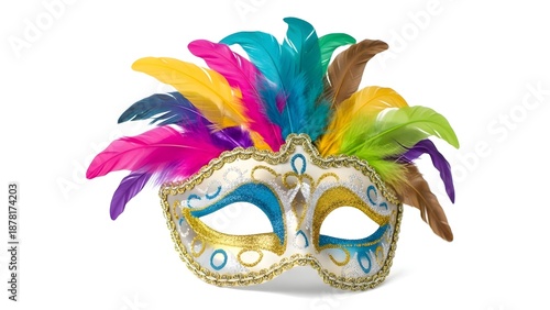 A colorful masquerade mask with feathers and gold accents on a white background