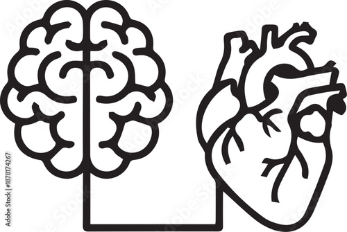 line vector icon of a brain and a heart connected by a line on white background