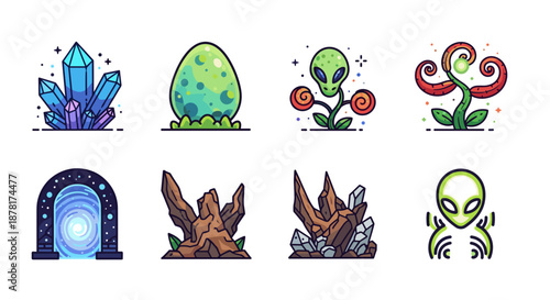 Collection of eight cartoon fantasy icons with alien and magical elements