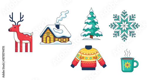 Colorful winter icons including reindeer, house, tree, sweater, snowflake, and mug