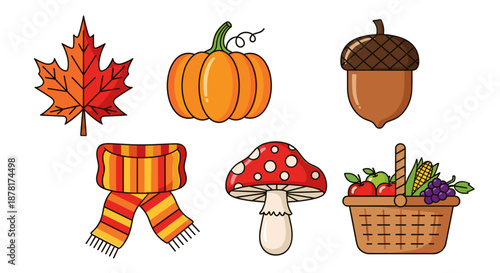 Autumn icons including leaf, pumpkin, acorn, scarf, mushroom, and harvest basket