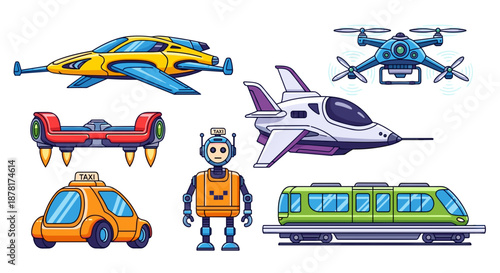 Colorful cartoon vehicles and robot